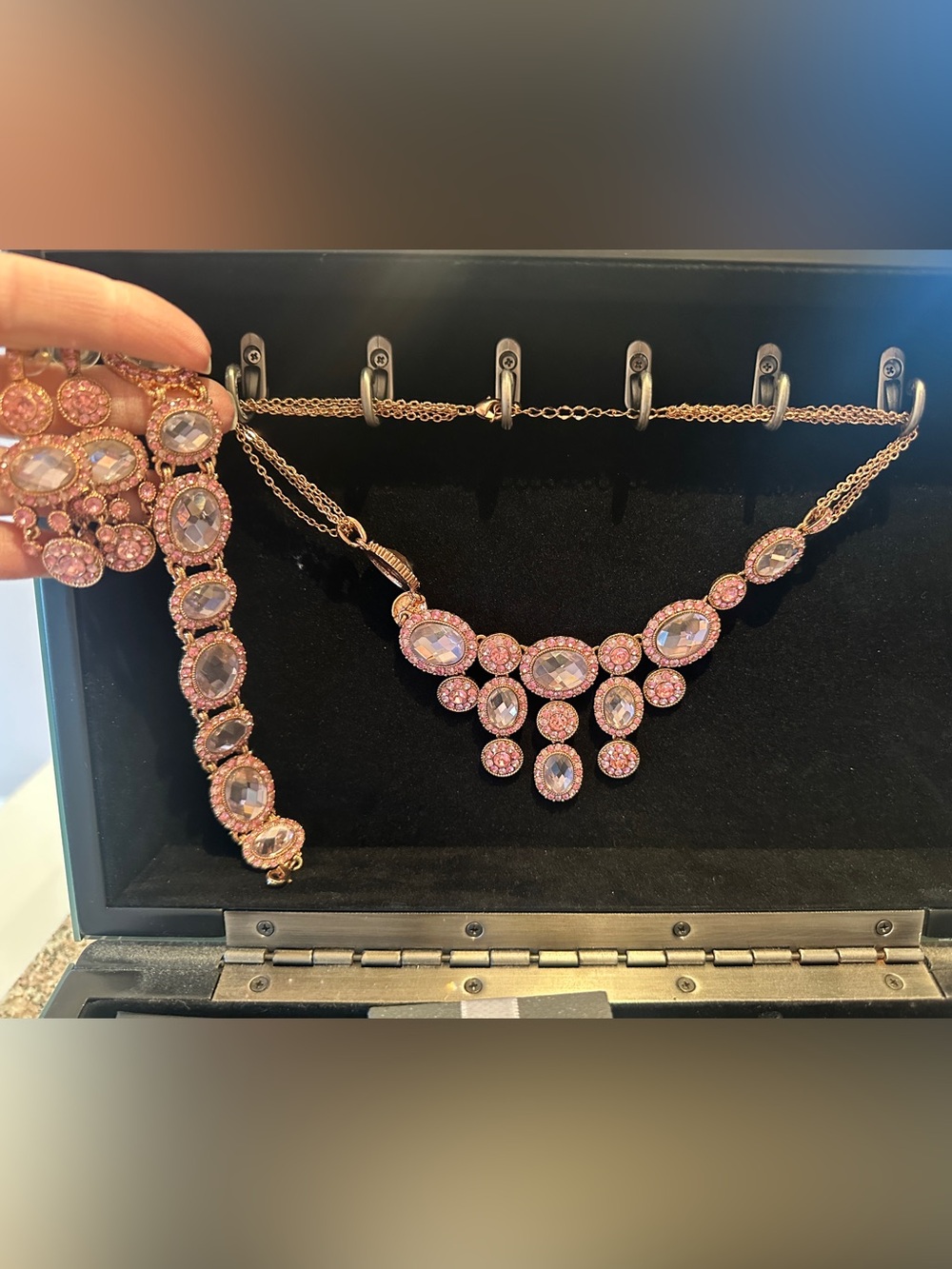 Rose Gold Pink Crystal Statement Necklace set with bracelet and earrings